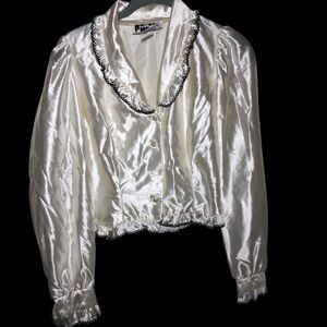 VTG 90s Y2K MEII Satin Button Up Cropped Blouse Juniors 7 Secretary ￼Geek Silky